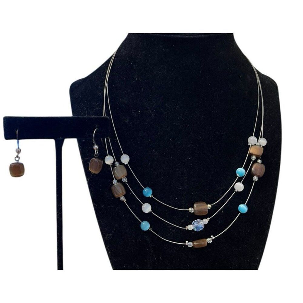 Triple Strand Necklace and Earring Set Brown White Blue Beads Classic Set KR